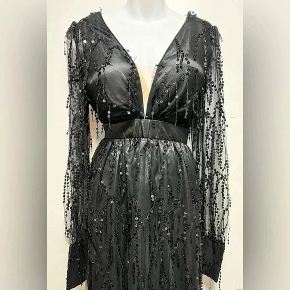 Women's Deep V-Neck Sequin Long Sleeved Dress with Slit Extra Long - Picture 1 of 2